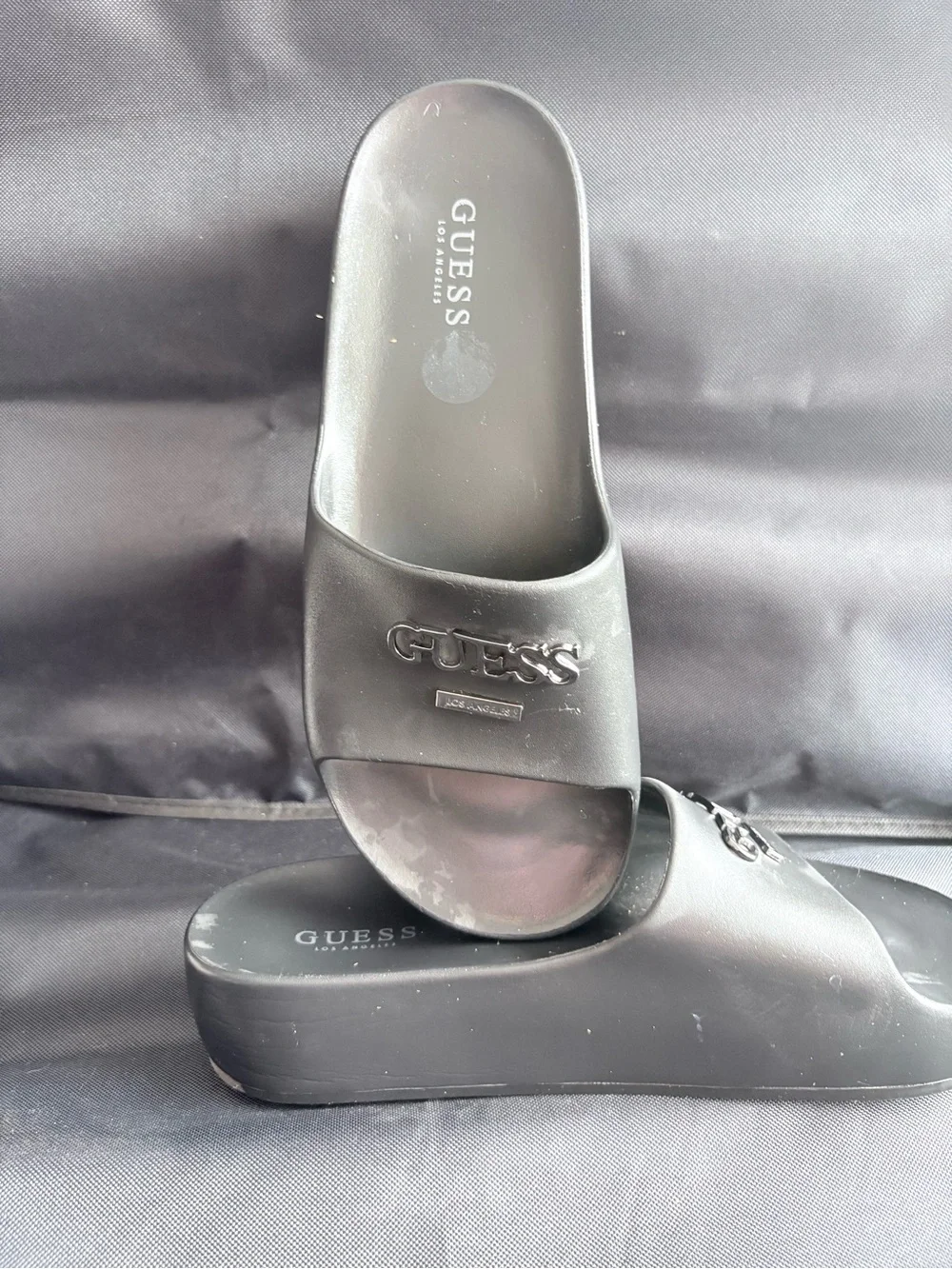 GUESS Black Platform Slide Sandals with Logo Strap